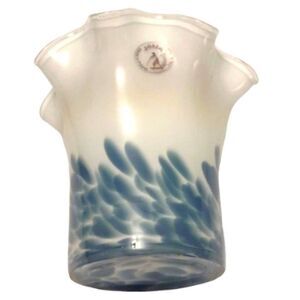 Zorza Polish Art Glass White Blue Small Handkerchief Crystal Frill Edge Vase